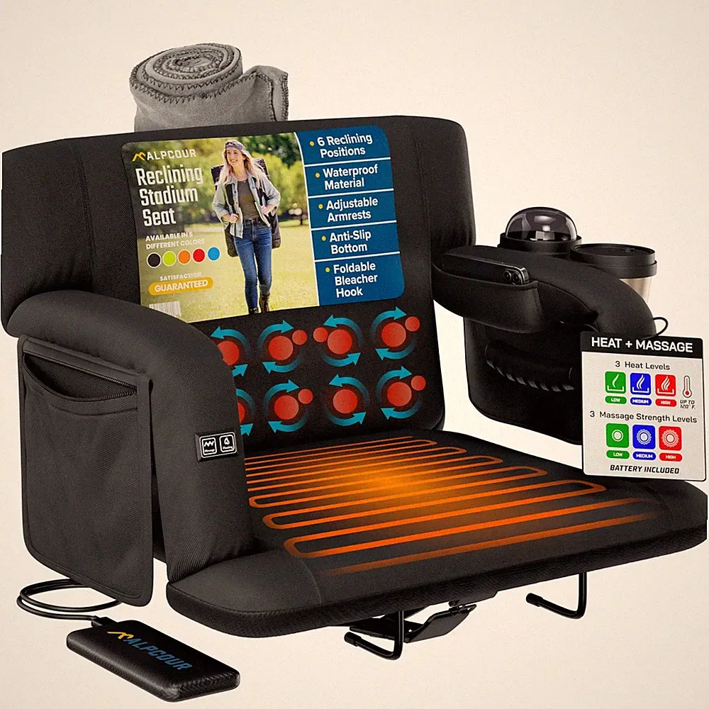 Alpcour Heated Massage Reclining Stadium Seat for Bleachers, Wide Bleacher Chair
