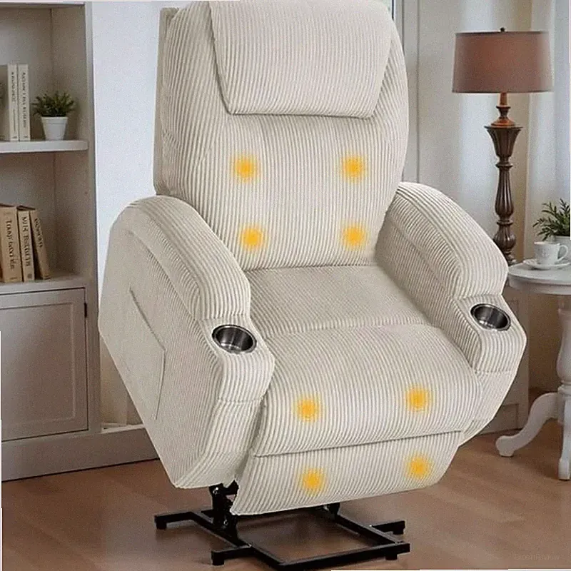 Electric Power Lift Recliner Chair with Massage for Elderly - White Corduroy