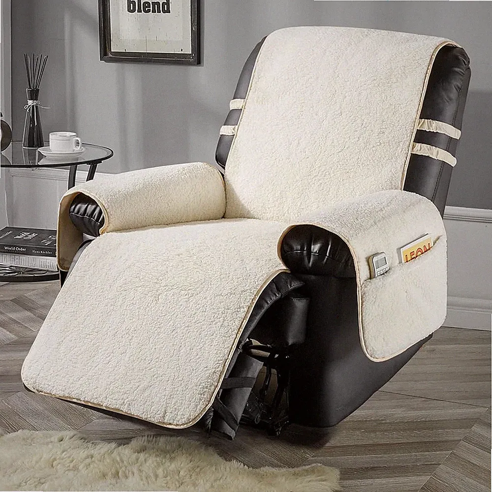 STONECREST White/Beige Sherpa Recliner Chair Cover - Non-Slip Design